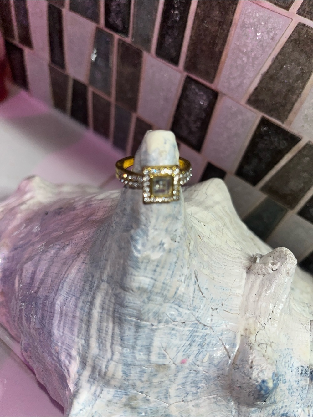 Gold Square Halo Ring with Pavé Band - Women's Jewelry